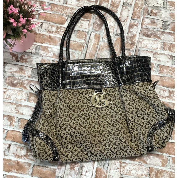 Large G Logo Monogram Brown Logo Shoulder Tote Bag Handbag Faux Croc 13"x17"x5" - Picture 1 of 8